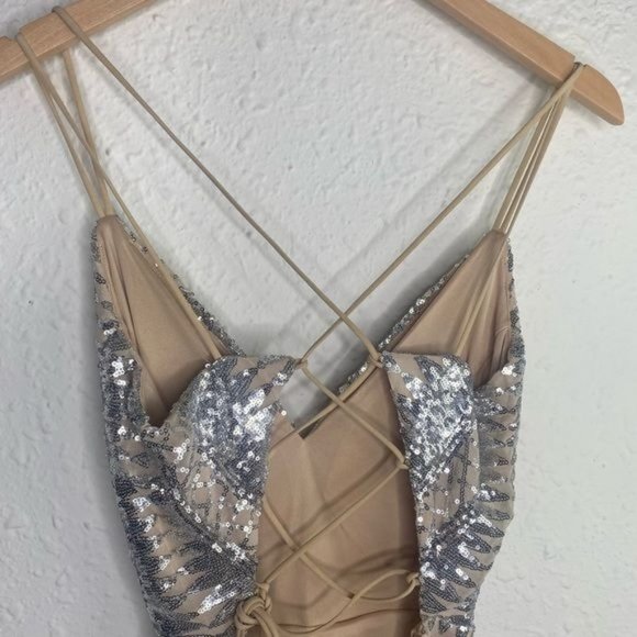 Windsor silver and tan sequins cocktail party open back straps dress size L  NWT - Picture 8 of 15